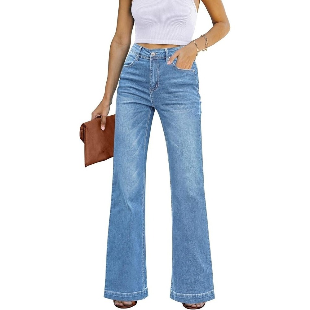 Womens High Waisted Wide‎ Leg Baggy Flare Jeans Stretch Denim XL Trendy Boho